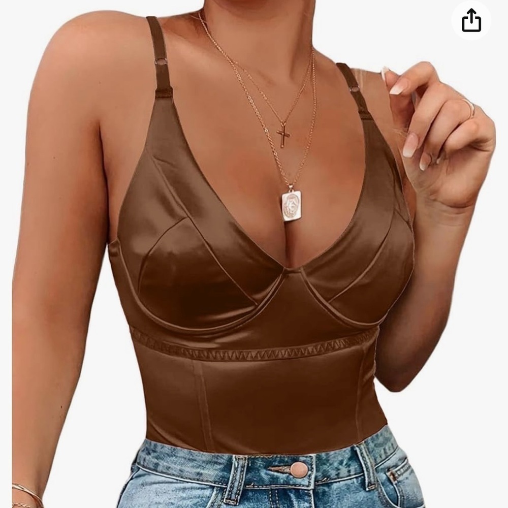 Deep V Neck Satin Corset Top Bodysuit